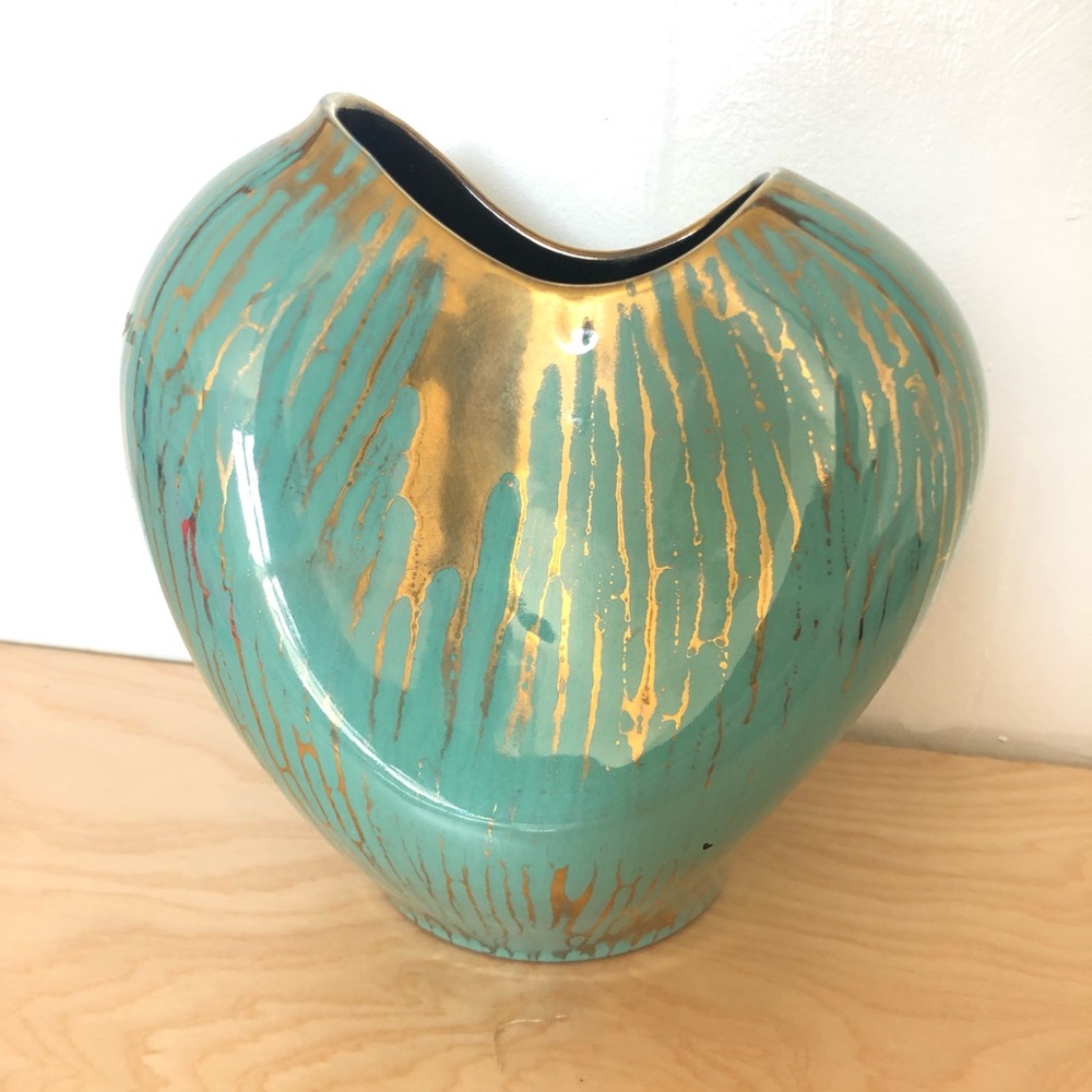 Mid Century Modern Turquoise Gold Ceramic Vase Container
